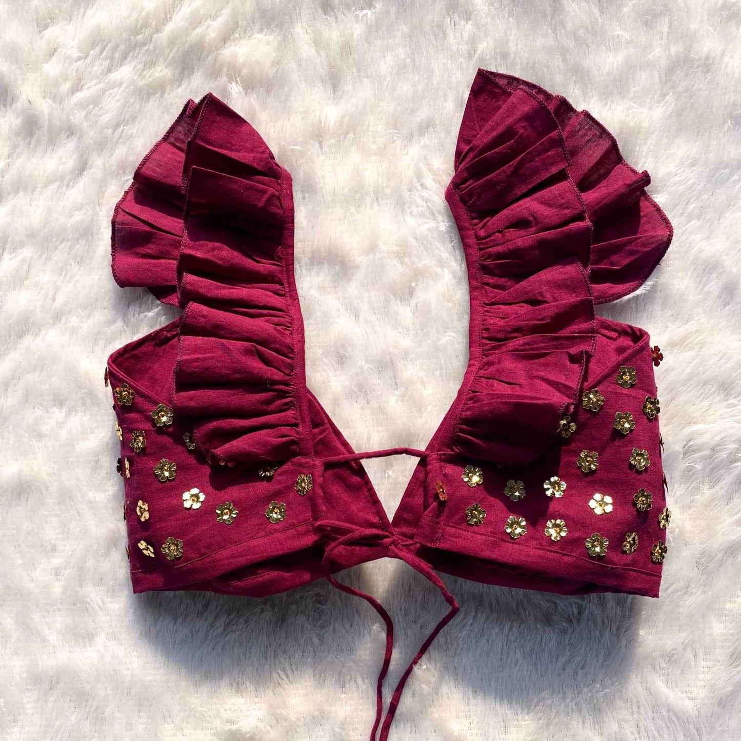 Wine Floral Sequin HandWork Bra - KJ0203