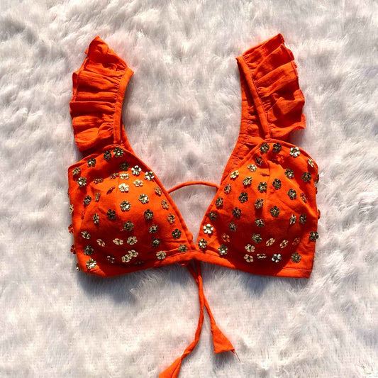 Orange Floral Sequin HandWork Bra - KJ0206