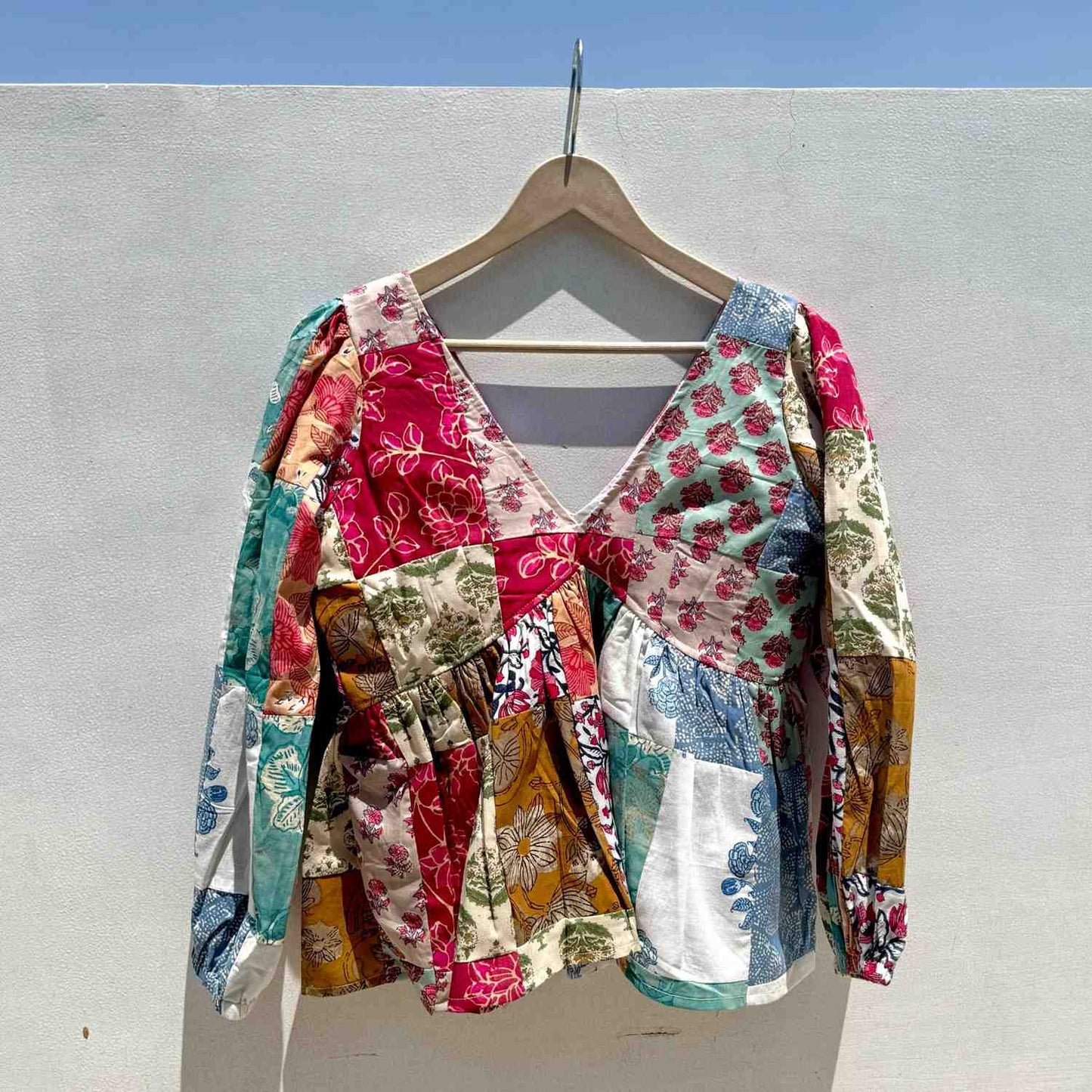 White and Multicolor Handblock Patch Deep Neck Full Puff Sleeves Cotton Top