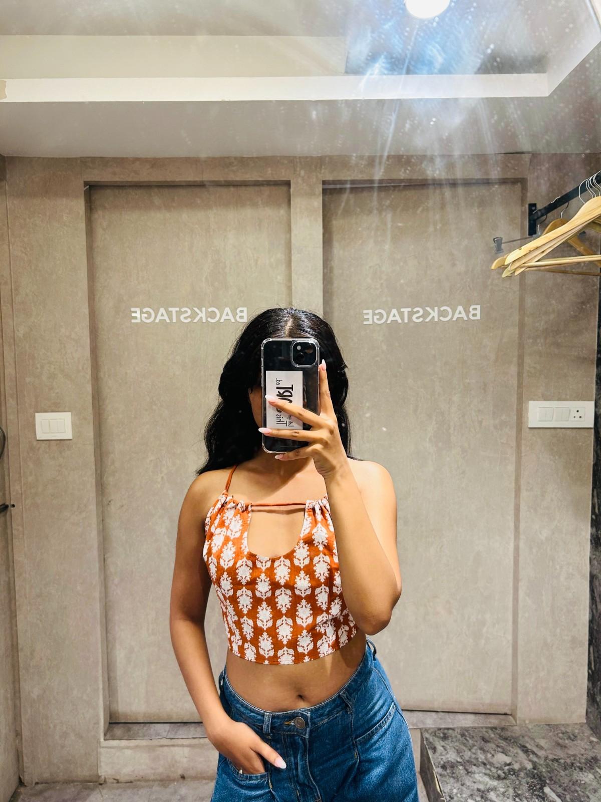 Rust Orange Motif Back Knot Top - KJ0645