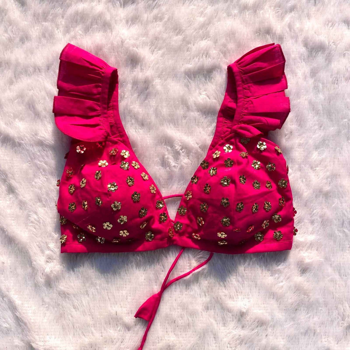 Pink Floral Sequin HandWork Bra - KJ0206