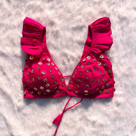 Pink Floral Sequin HandWork Bra - KJ0206