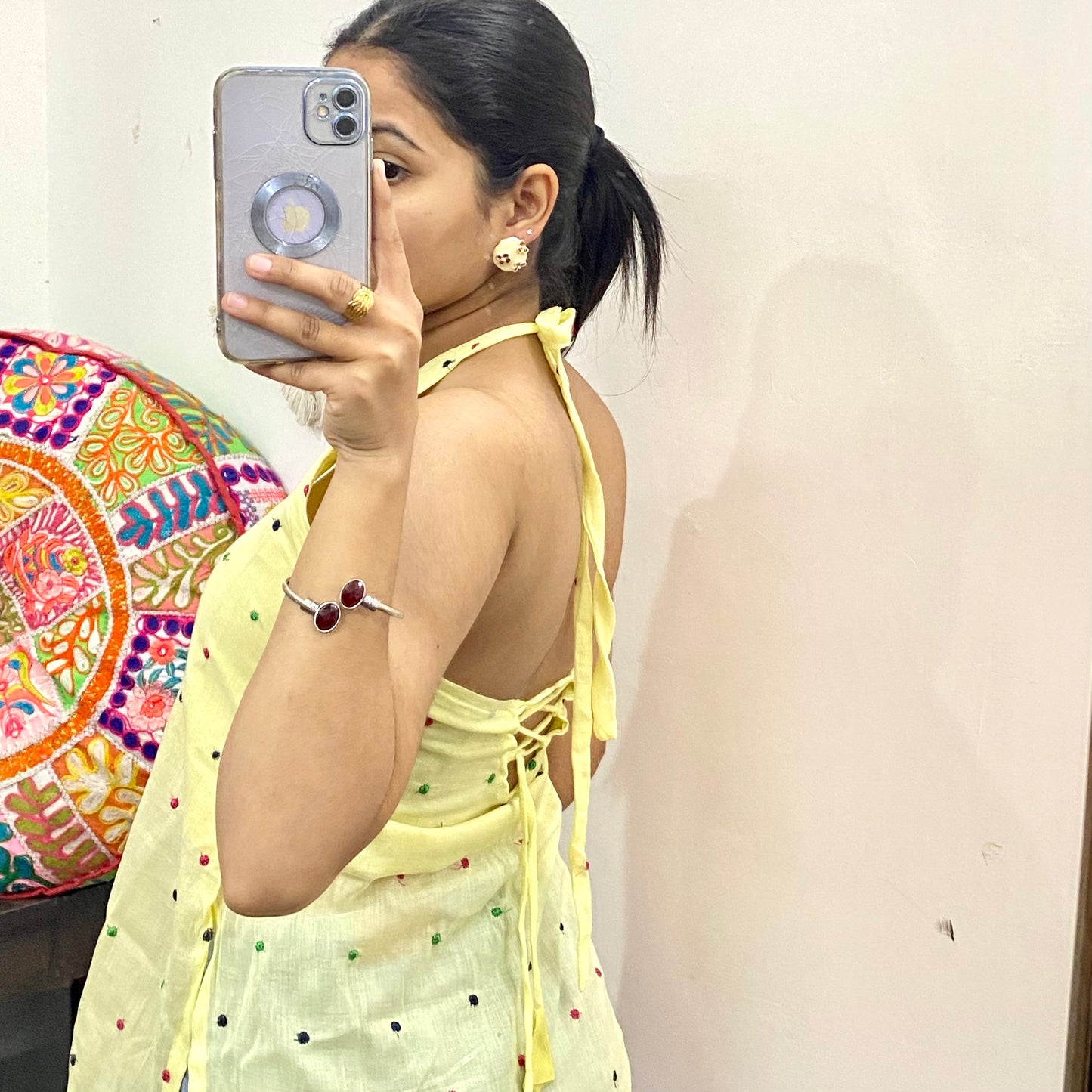 Yellow Polka Mulmul Removable Pad Kurti - KJ10338