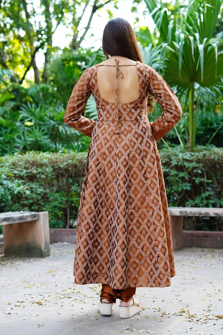 Double shade brown Banarasi Anarkali -3 pc set - 3465 - Gheraa10212