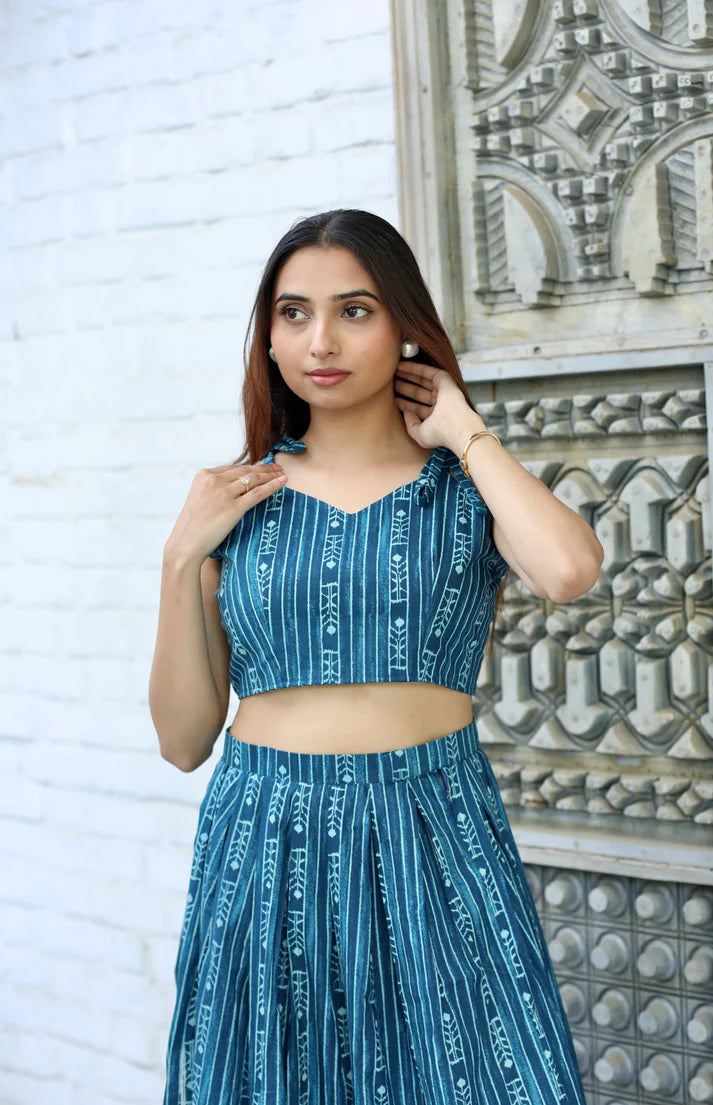 Teal Blue Crop Top & Maxi Skirt Set - 1900- Gheraa10370