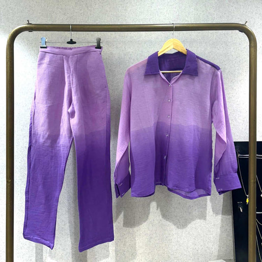 Purple Lavender Ombre Crush Cotton Shirt and Pant Coord Set