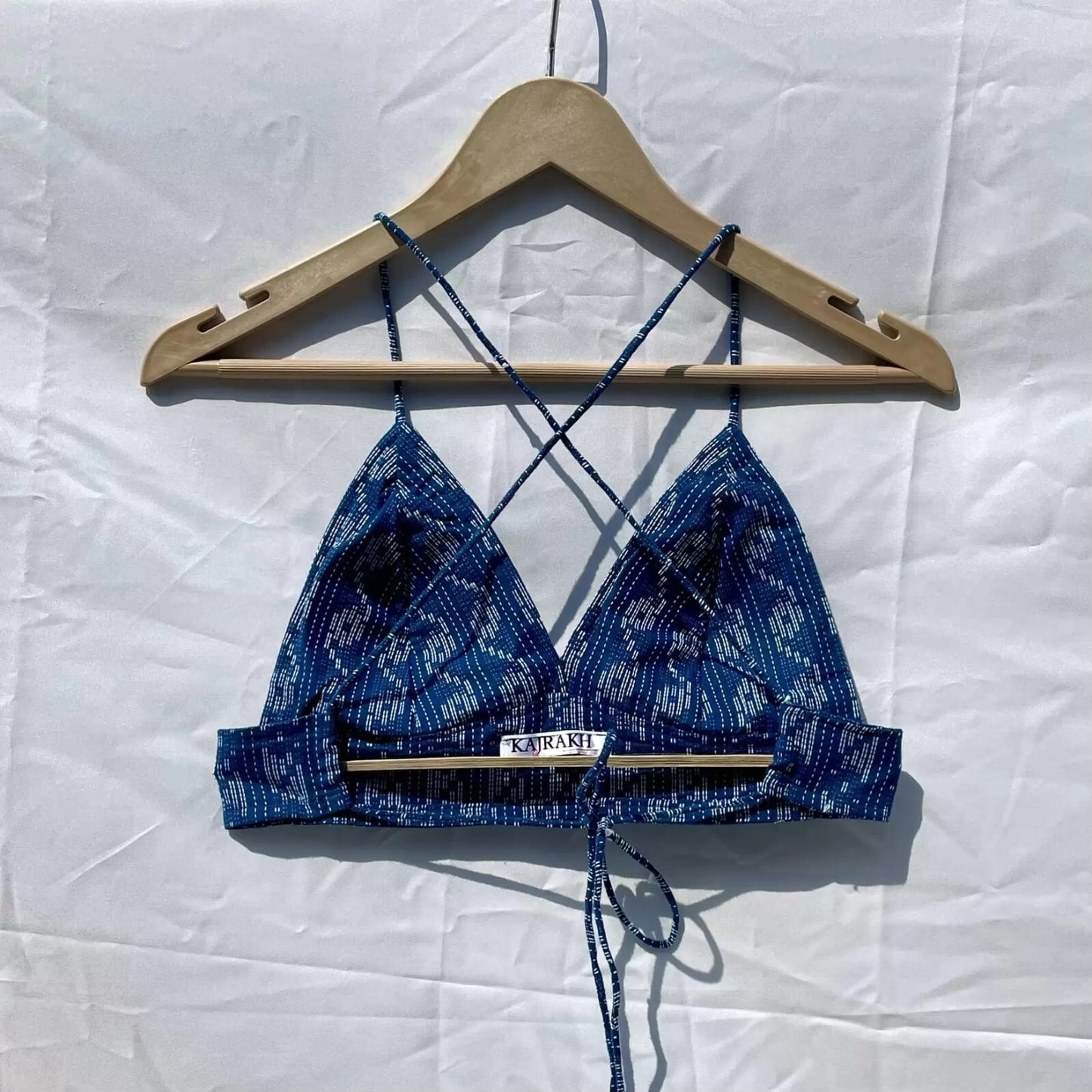 Navy Blue S Pattern Kantha Cotton Padded Bra - KJ0079