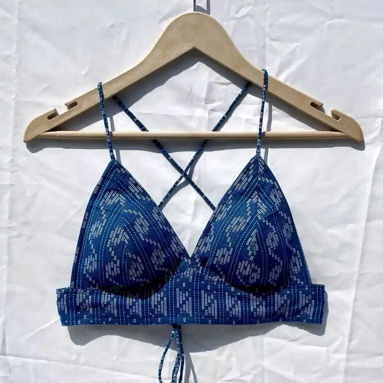 Navy Blue S Pattern Kantha Cotton Padded Bra - KJ0079