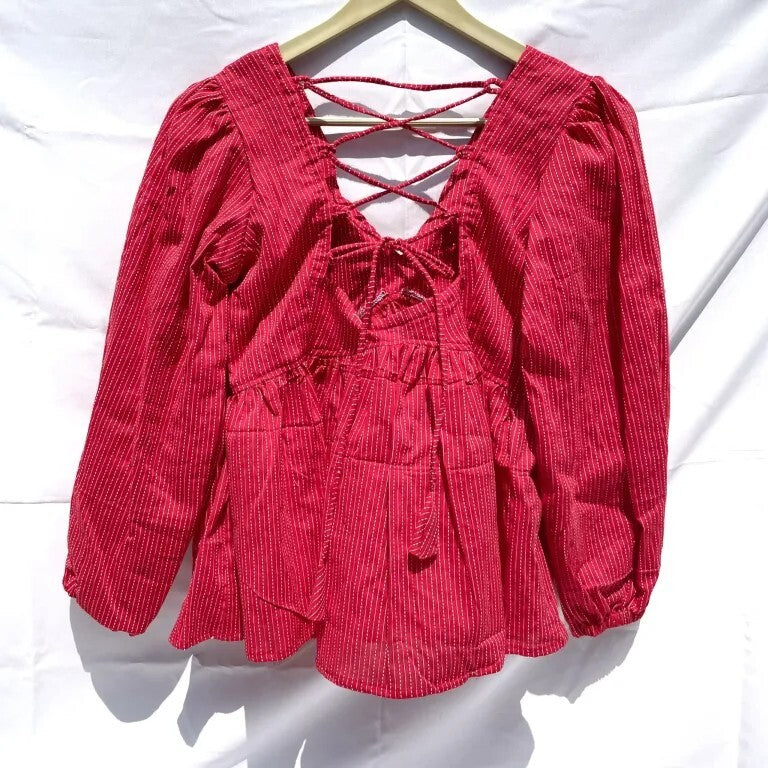 Red Katha Deep V Neck Full Sleeves Criss Cross Cotton Top - KJ0080