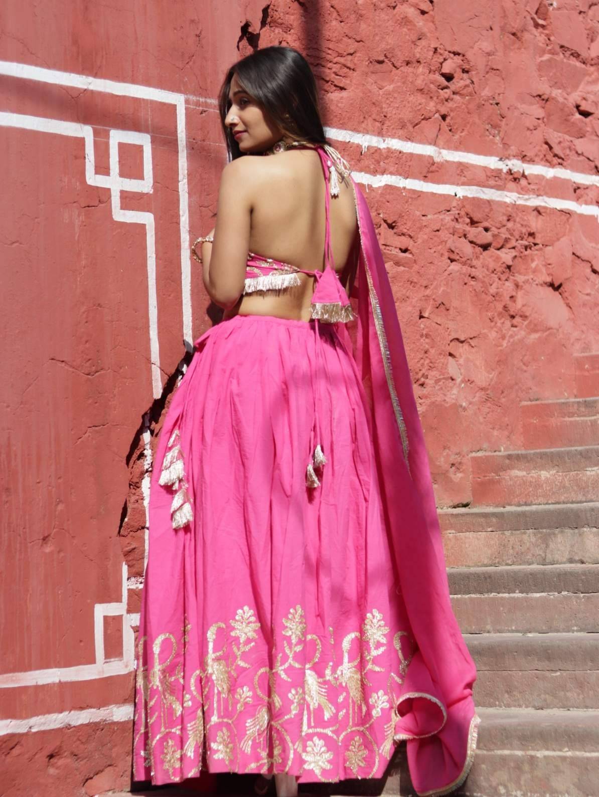 Pink Gotta Embroidery Blouse , Dupptta and Lehanga - KJ0675