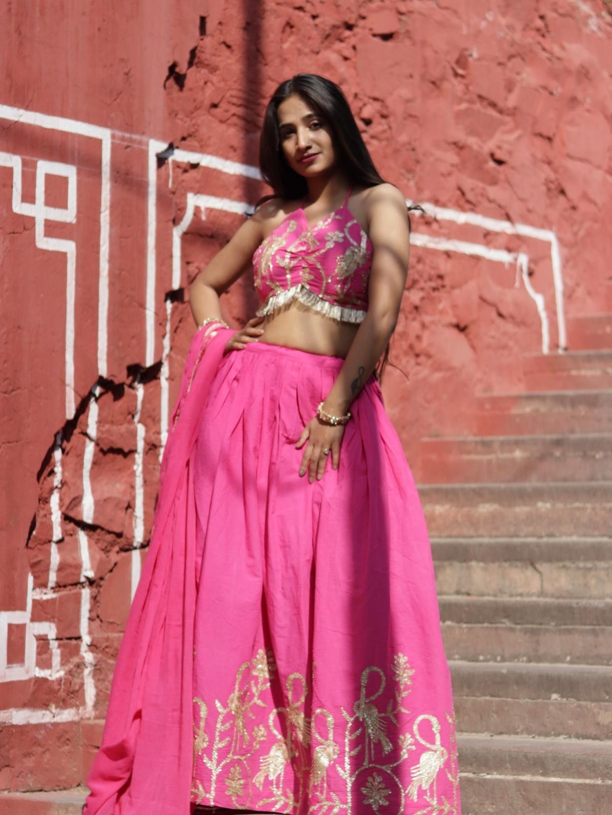Pink Gotta Embroidery Blouse , Dupptta and Lehanga - KJ0675