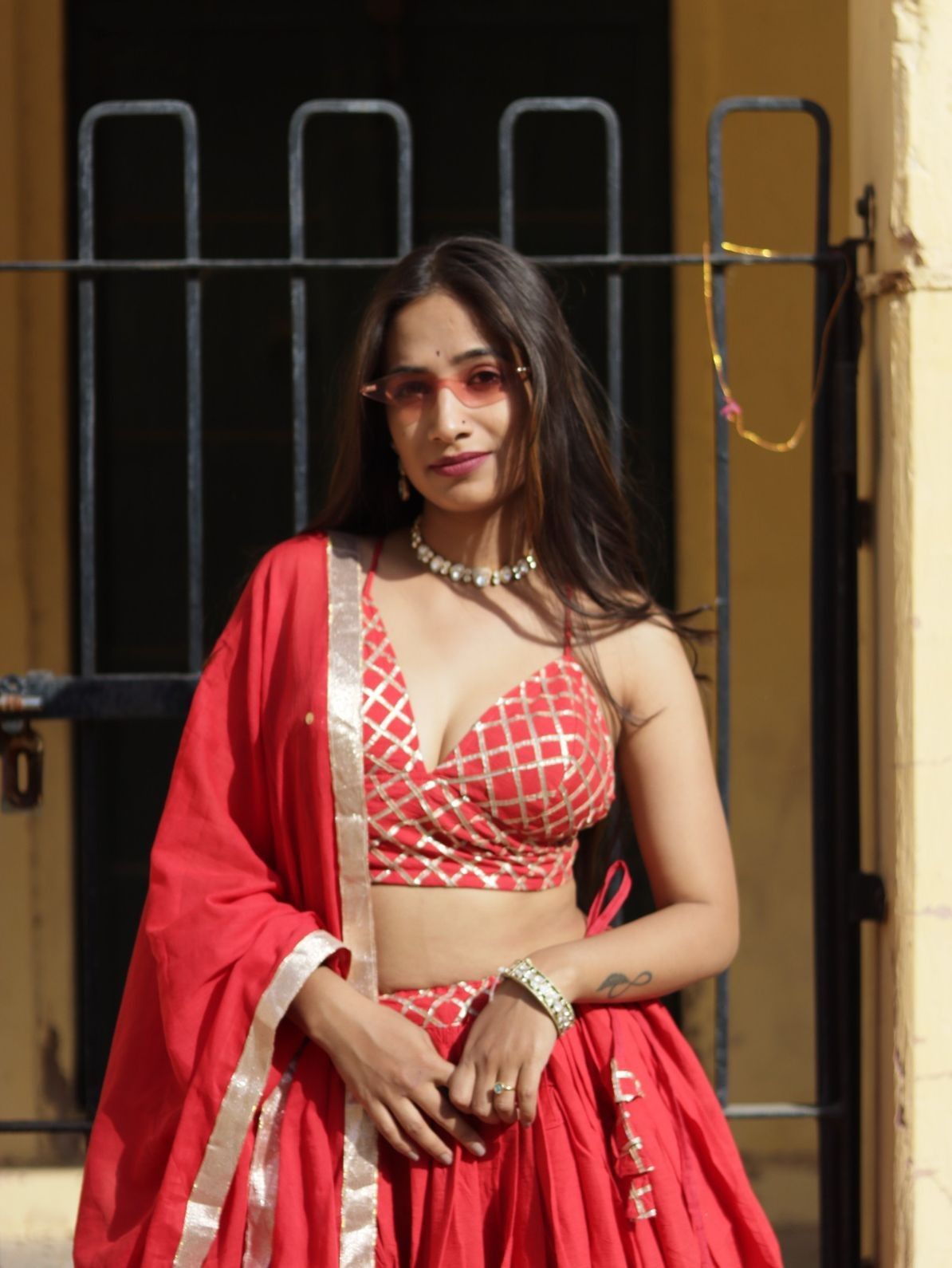 Red Gotta Embroidery Blouse , Dupptta and Lehanga - KJ0676