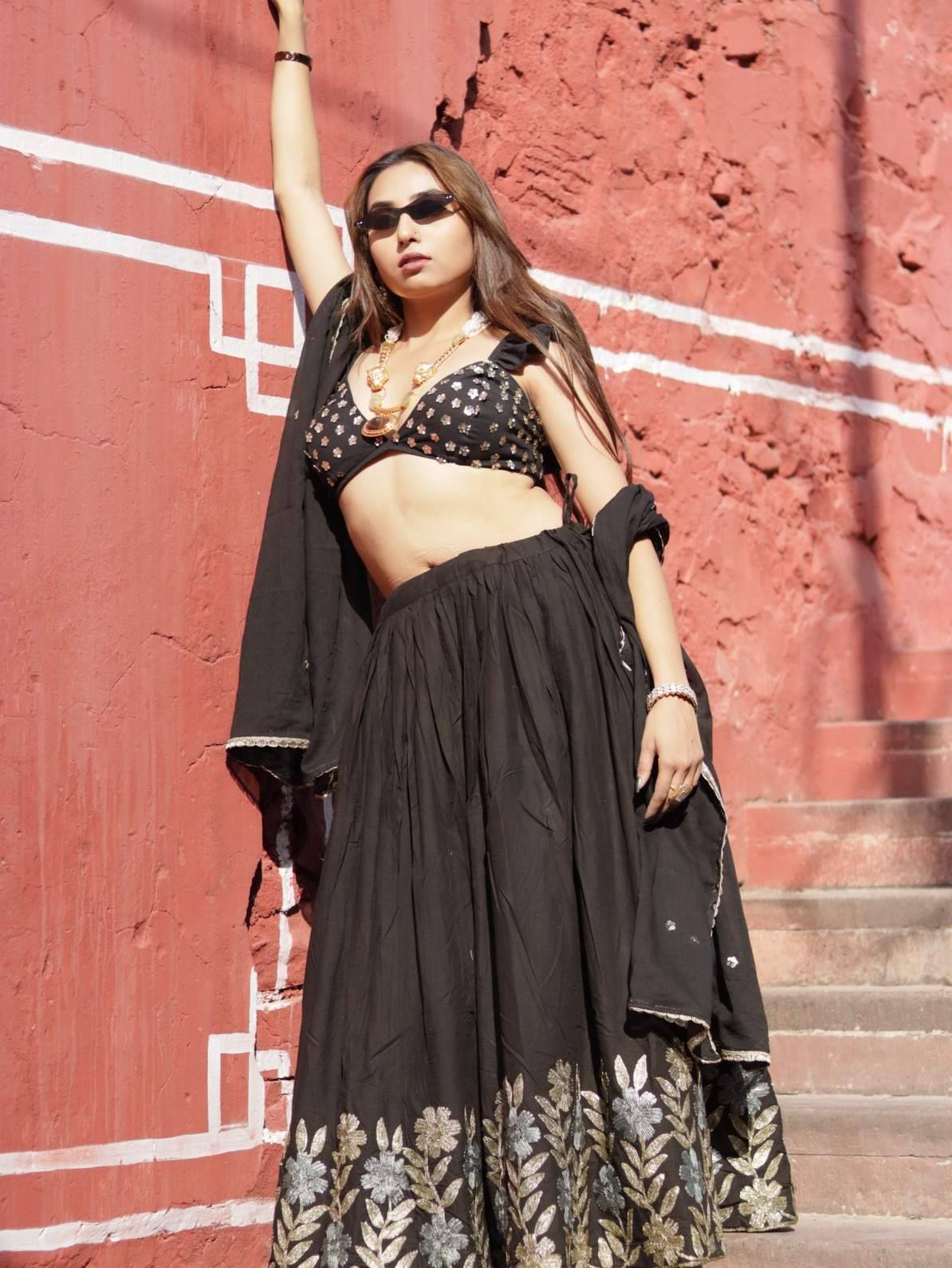 Black Gotta Floral Sequin Blouse , Dupptta and Lehanga - KJ0673