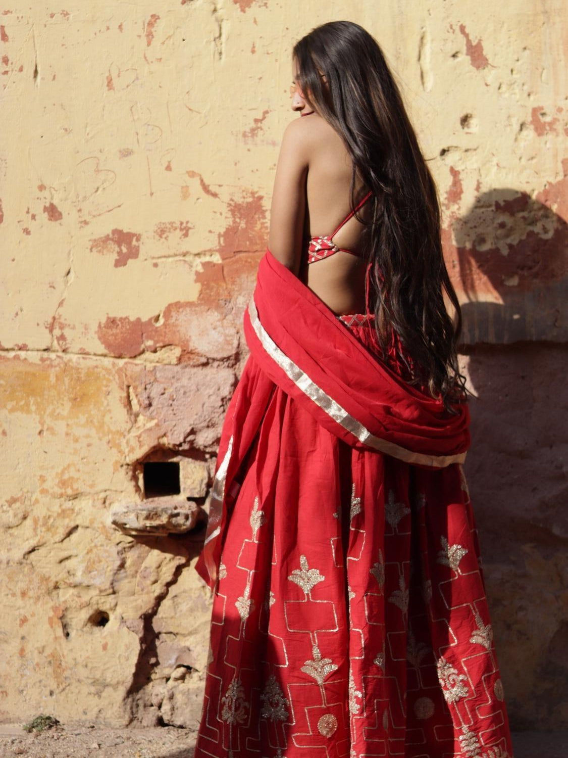 Red Gotta Embroidery Blouse , Dupptta and Lehanga - KJ0676