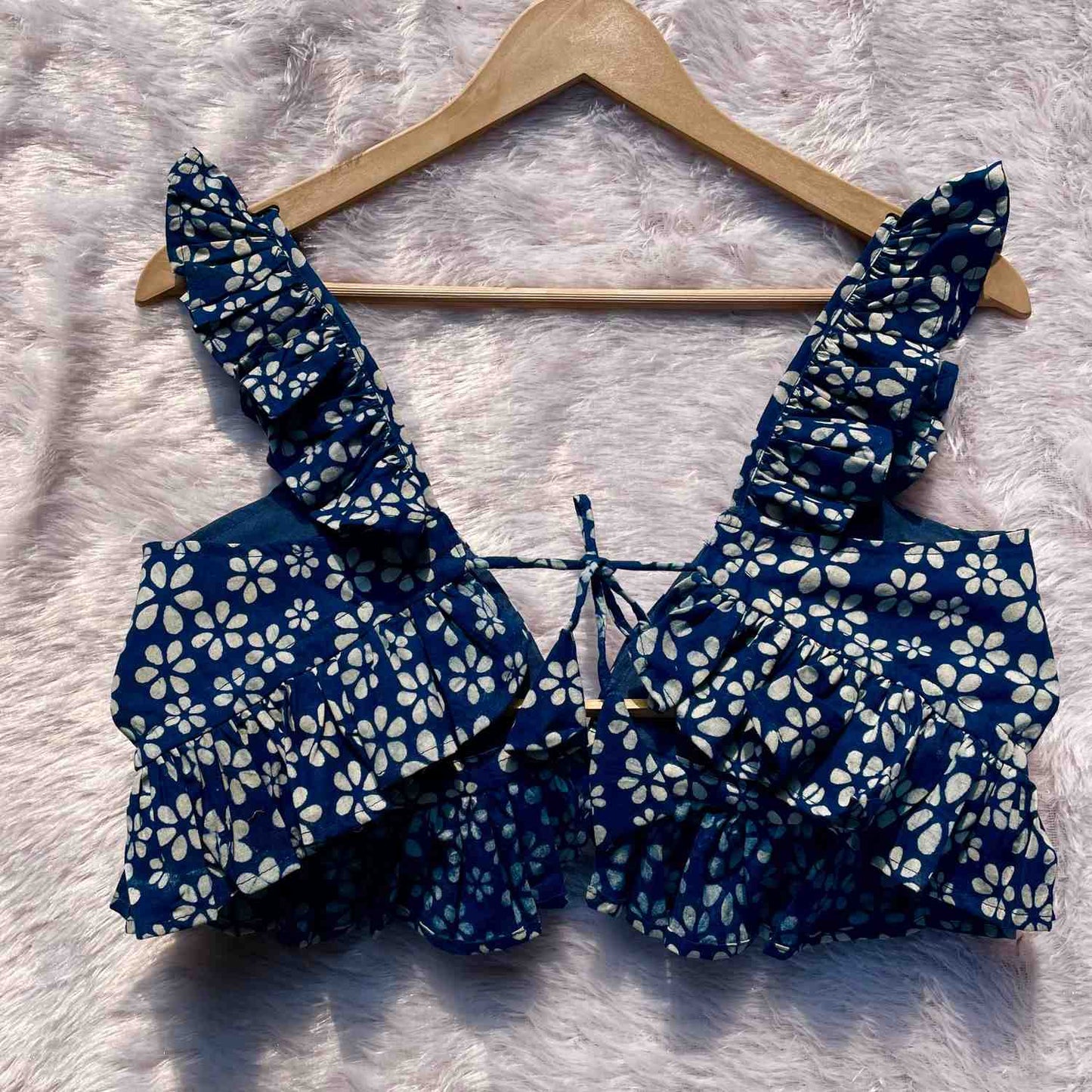 Indigo Handblock Floral Frill Bra - KJ0263 (Clearance Sale)