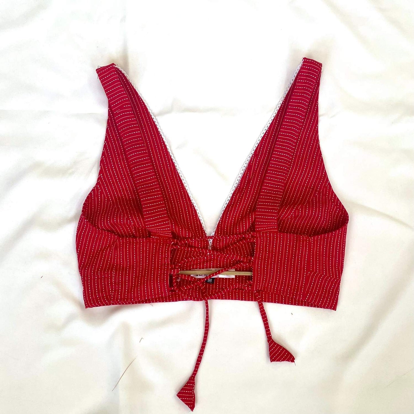Red Deep V Neck Cotton Kantha Bra - KJ0092