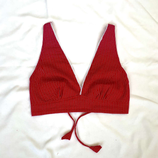 Red Deep V Neck Cotton Kantha Bra - KJ0092