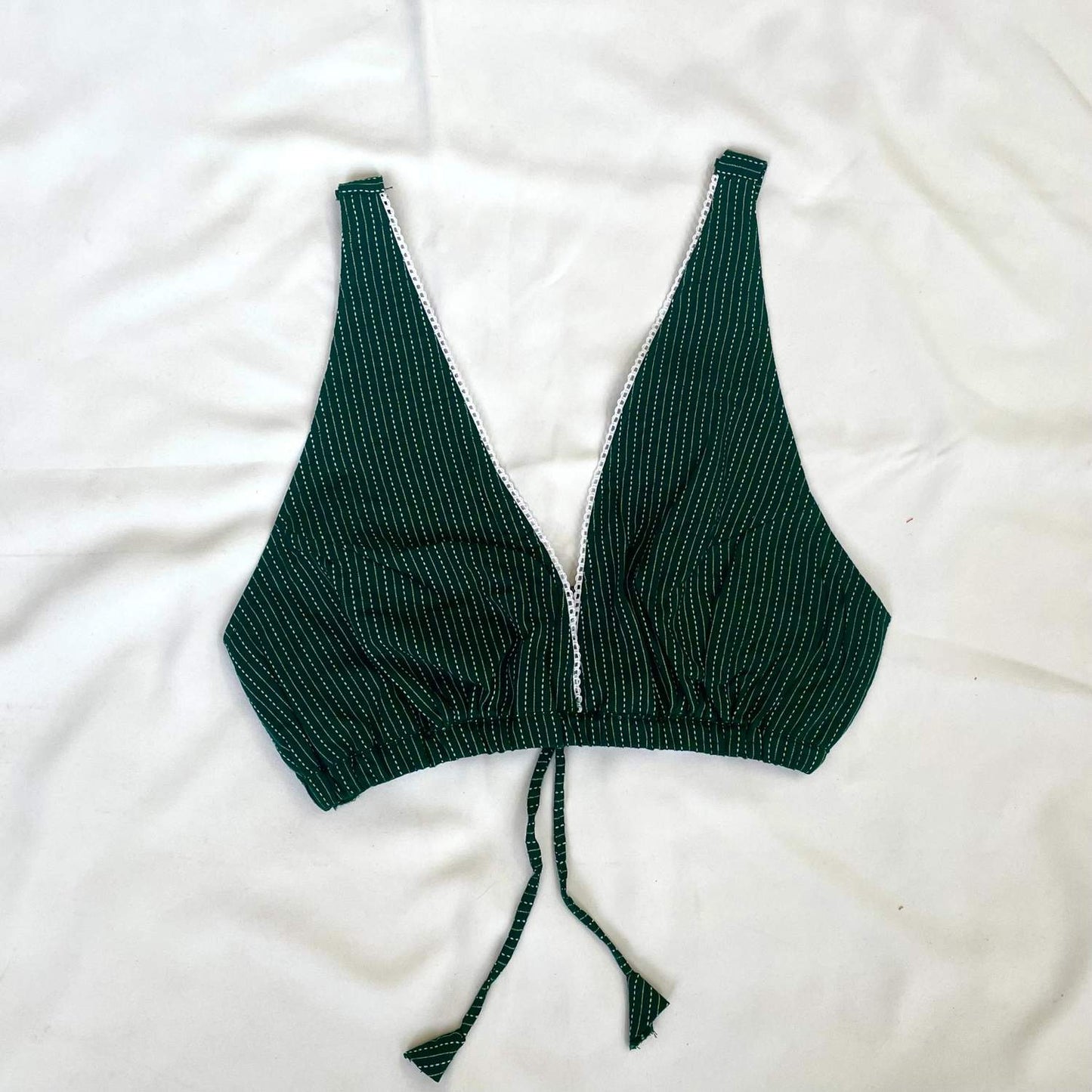 Bottle Green Deep V Neck Cotton Kantha Bra- KJ0099