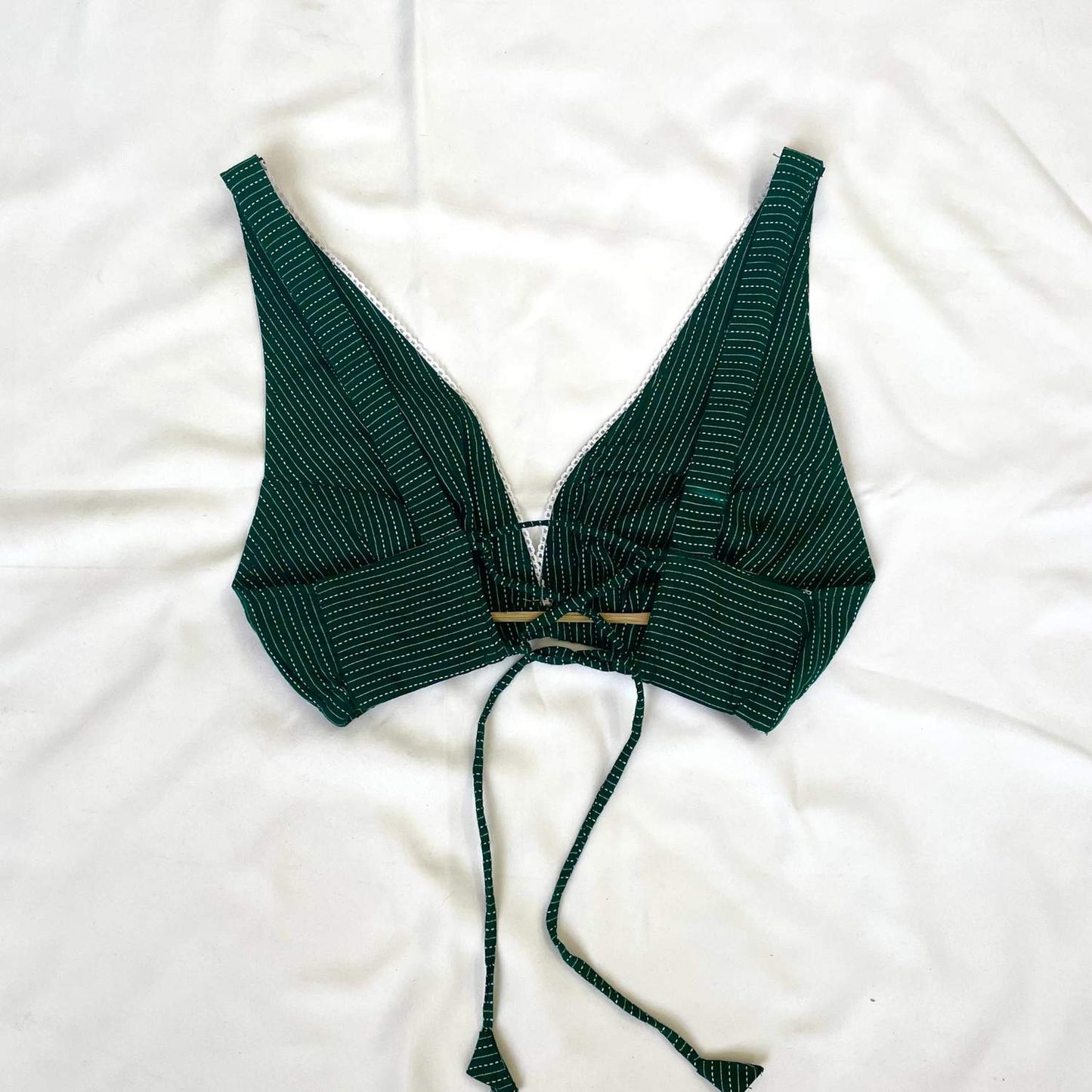 Bottle Green Deep V Neck Cotton Kantha Bra- KJ0099