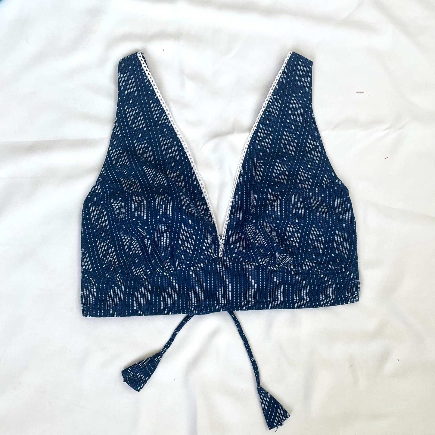 Navy Blue V Neck Cotton Kantha Bra - KJ0093