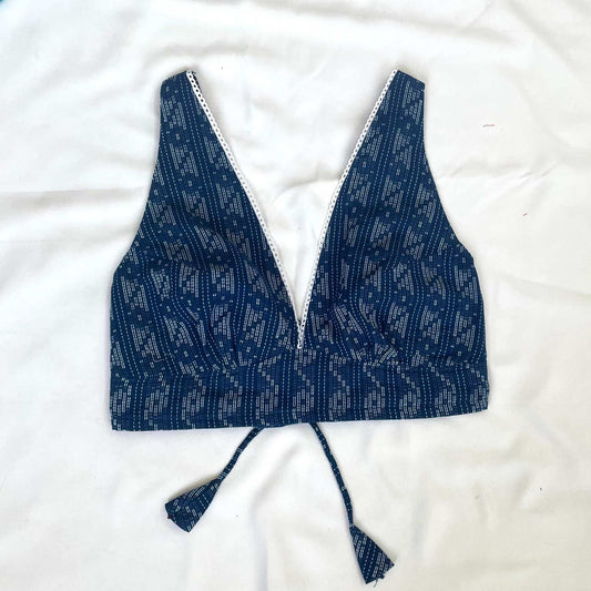 Navy Blue V Neck Cotton Kantha Bra - KJ0093