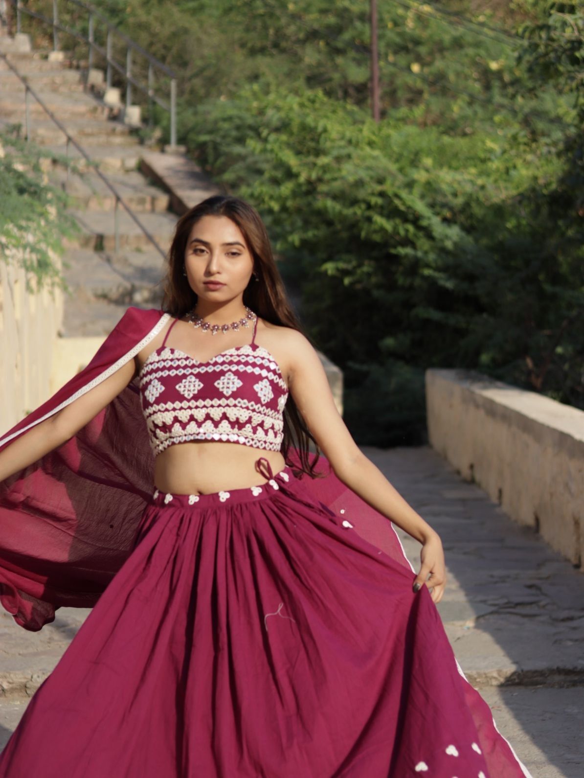 Wine Mirror Gujrati Blouse , Dupptta and Lehanga - KJ0677