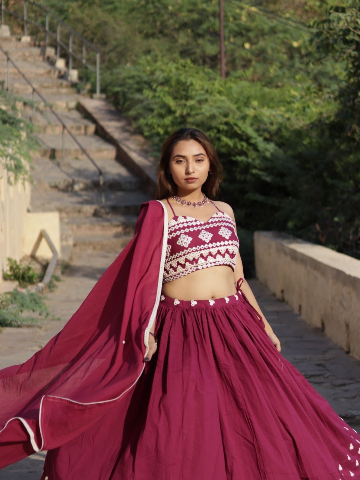 Wine Mirror Gujrati Blouse , Dupptta and Lehanga - KJ0677