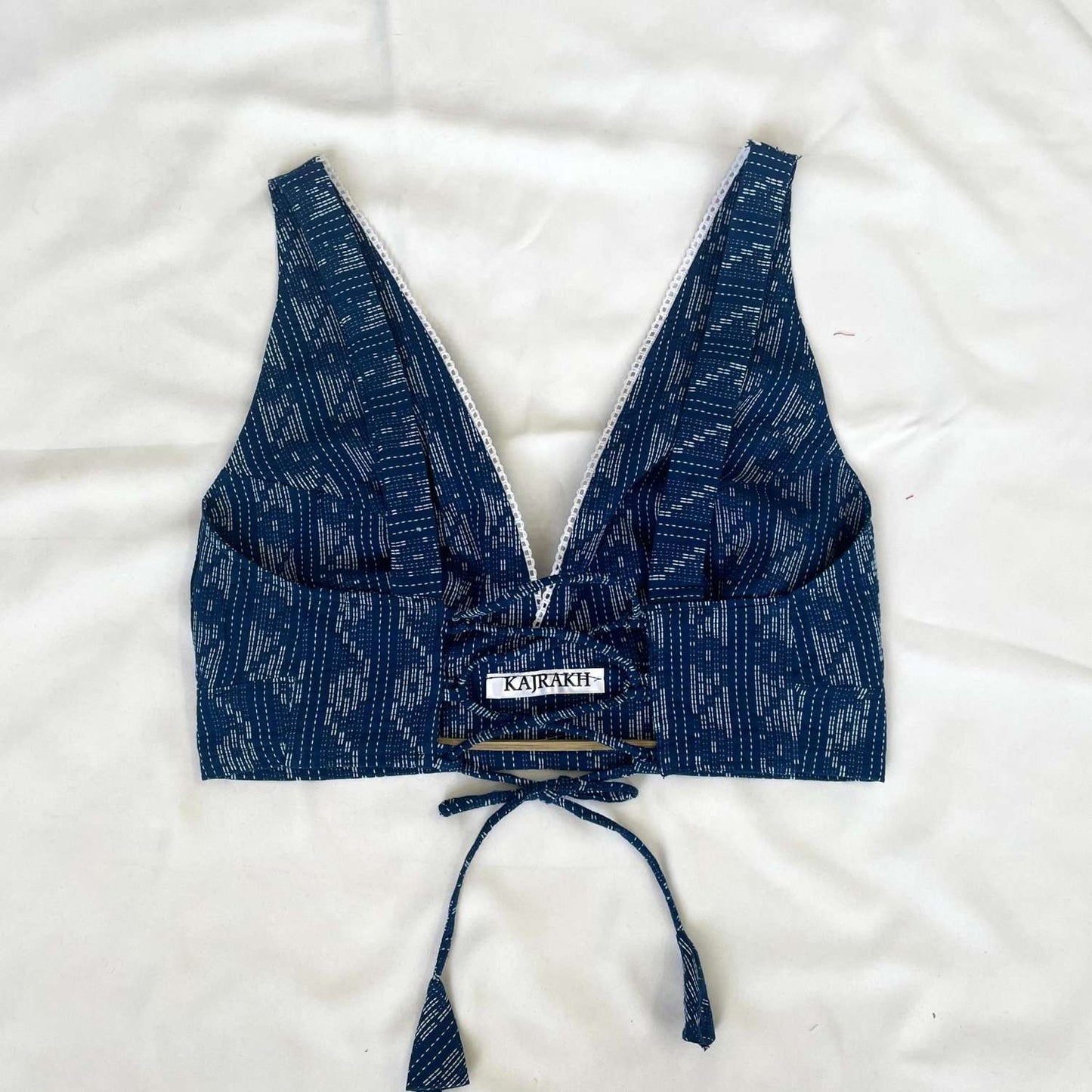 Navy Blue V Neck Cotton Kantha Bra - KJ0093