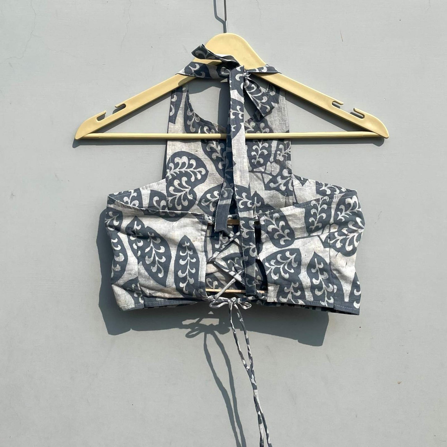 Grey Leaf Handblock Criss Cross Cotton Top - KJ0295 ( Clearance Sale )