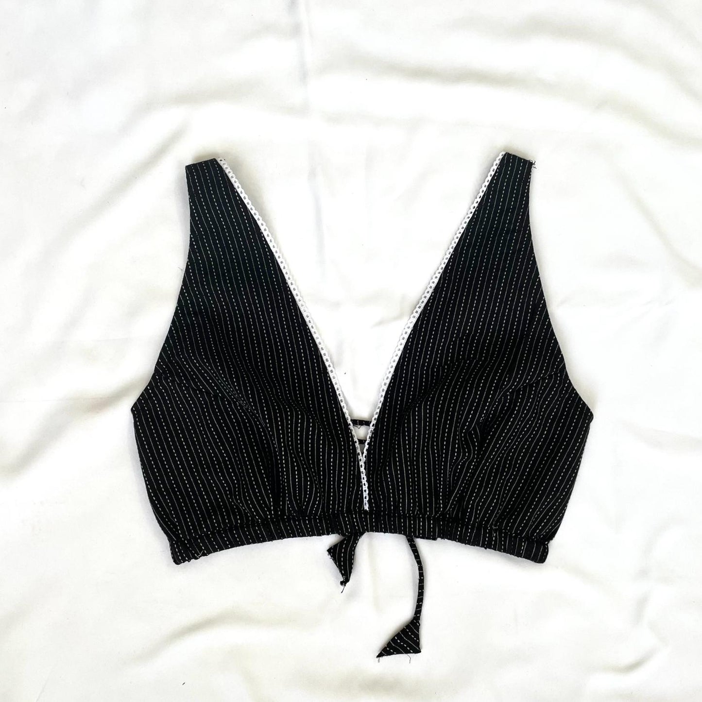 Black Deep V Neck Cotton Kantha Bra- KJ0097