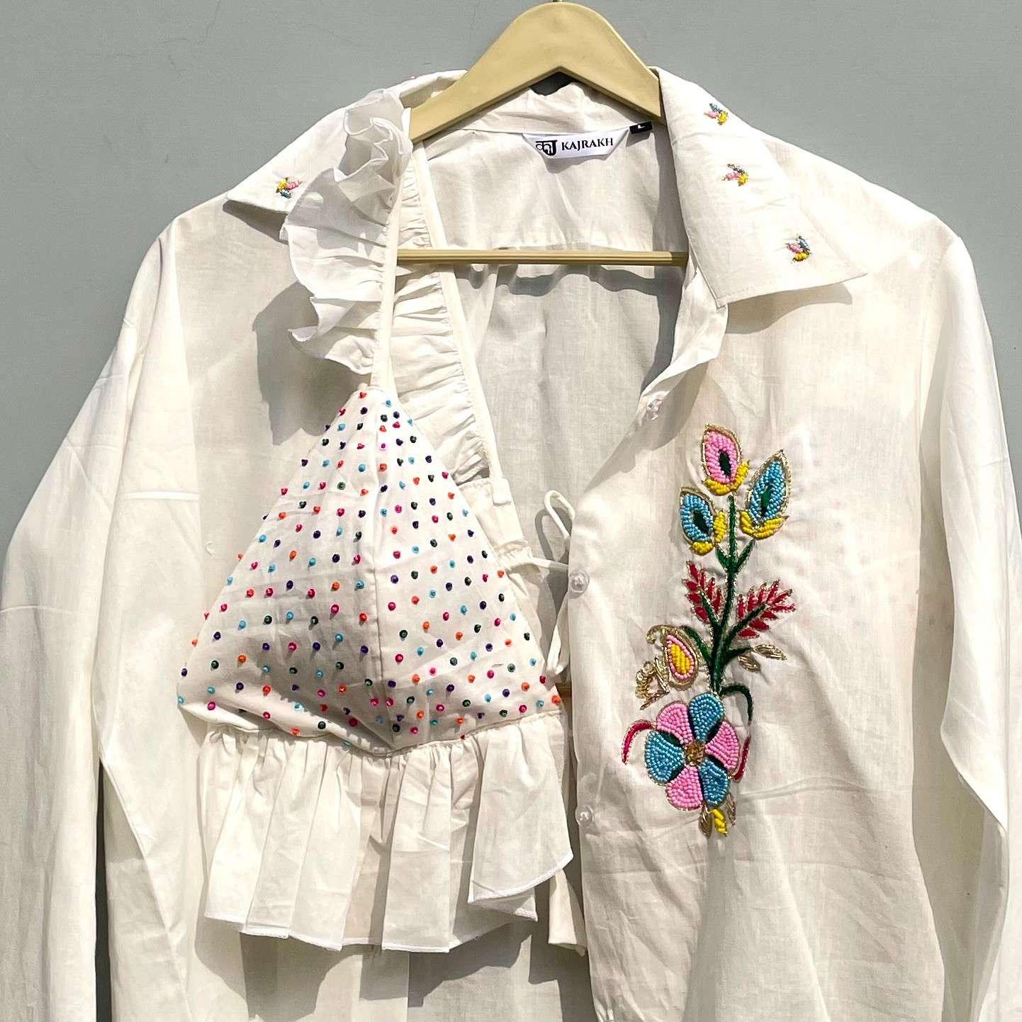 White Embroidery Hand Work Shirt & Multi Sequin Bra Combo - KJ0346