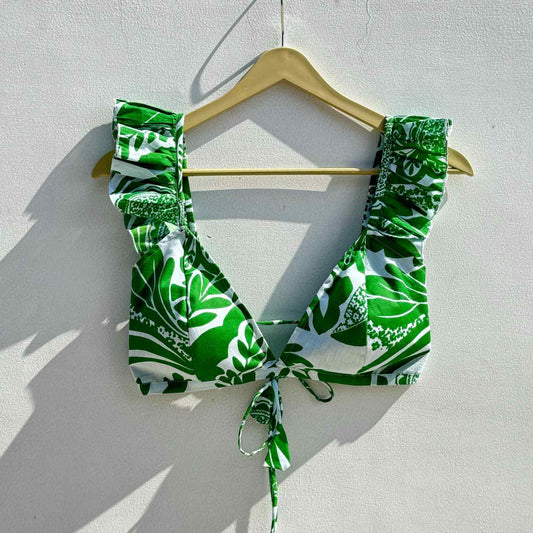 Green Abstract Floral Frill Cotton Bra - KJ0521