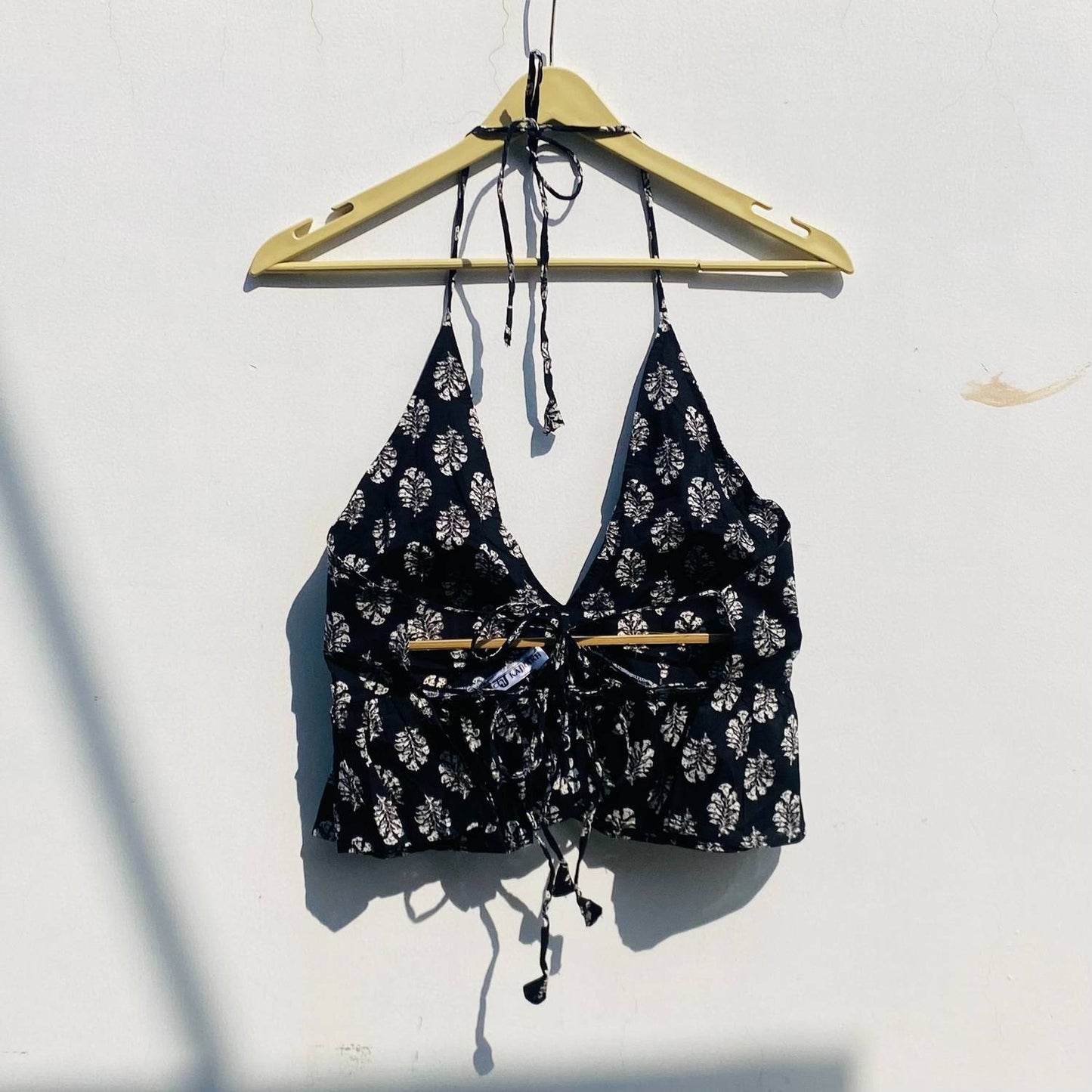 Black Butti Halter Neck and Back Knot Cotton Top - KJ0782 (( Clearance Sale ))