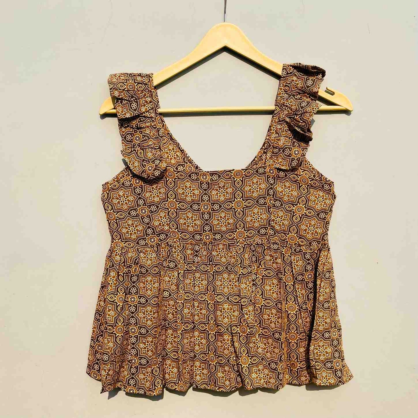 Mustard Ajrakh Cotton Top - KJ0277