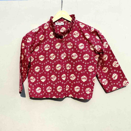 Wine Shibori Katha Frill Neck Cotton Top - KJ0287 ( Clearance Sale Item )