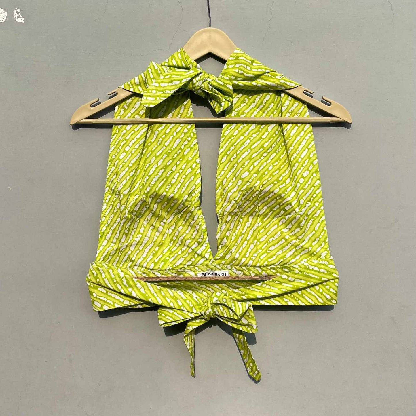 Neon Green Lehariya Halter Neck and Back Knot Top - KJ0196