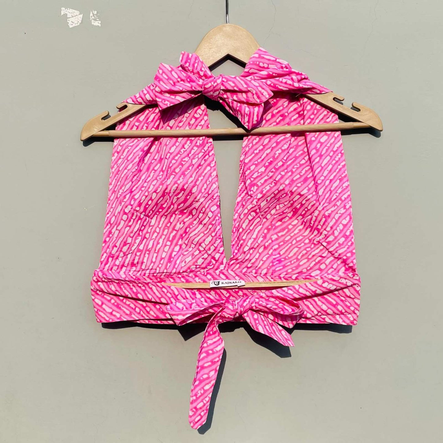 Baby Pink Lehariya Halter Neck and Back Knot Top - KJ0199