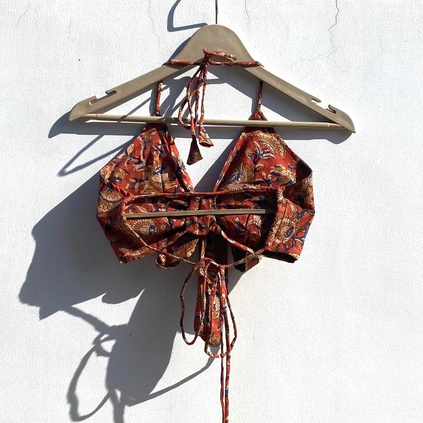 Red Rust Handblock Front Knot Removable Pads Bra - KJ0838 ( Clearance Sale Item )