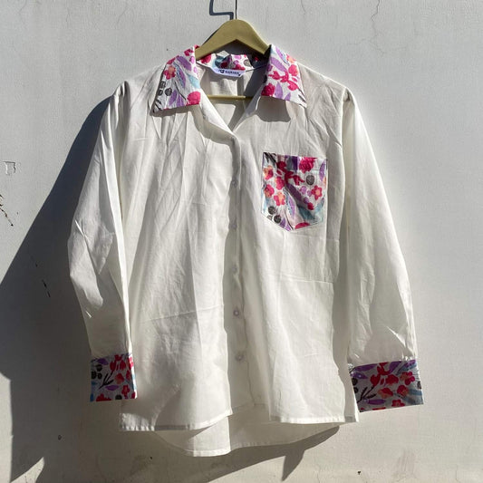 White Multi Patch Cotton Women Shirt - KJ0399