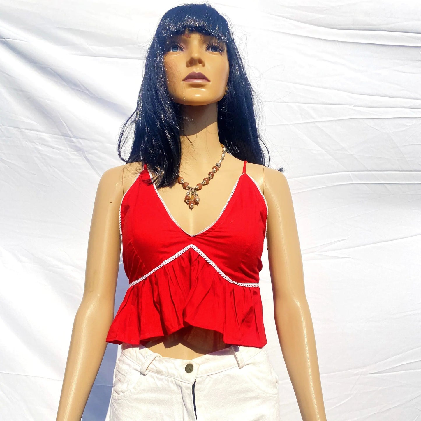 Red Chikan Lace Deep V Neck Padded Cotton Top - KJ0051