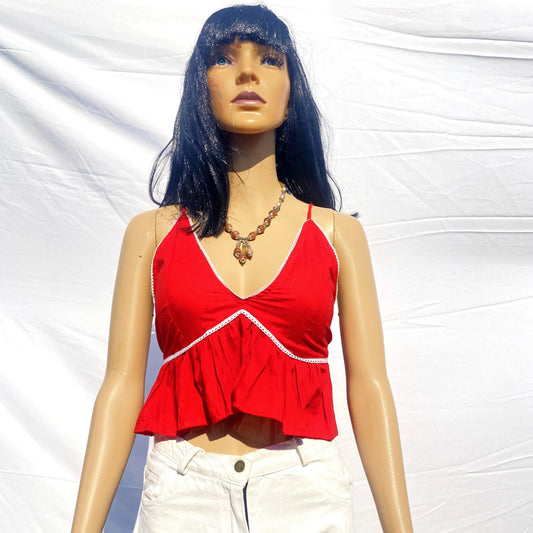 Red Chikan Lace Deep V Neck Padded Cotton Top - KJ0051