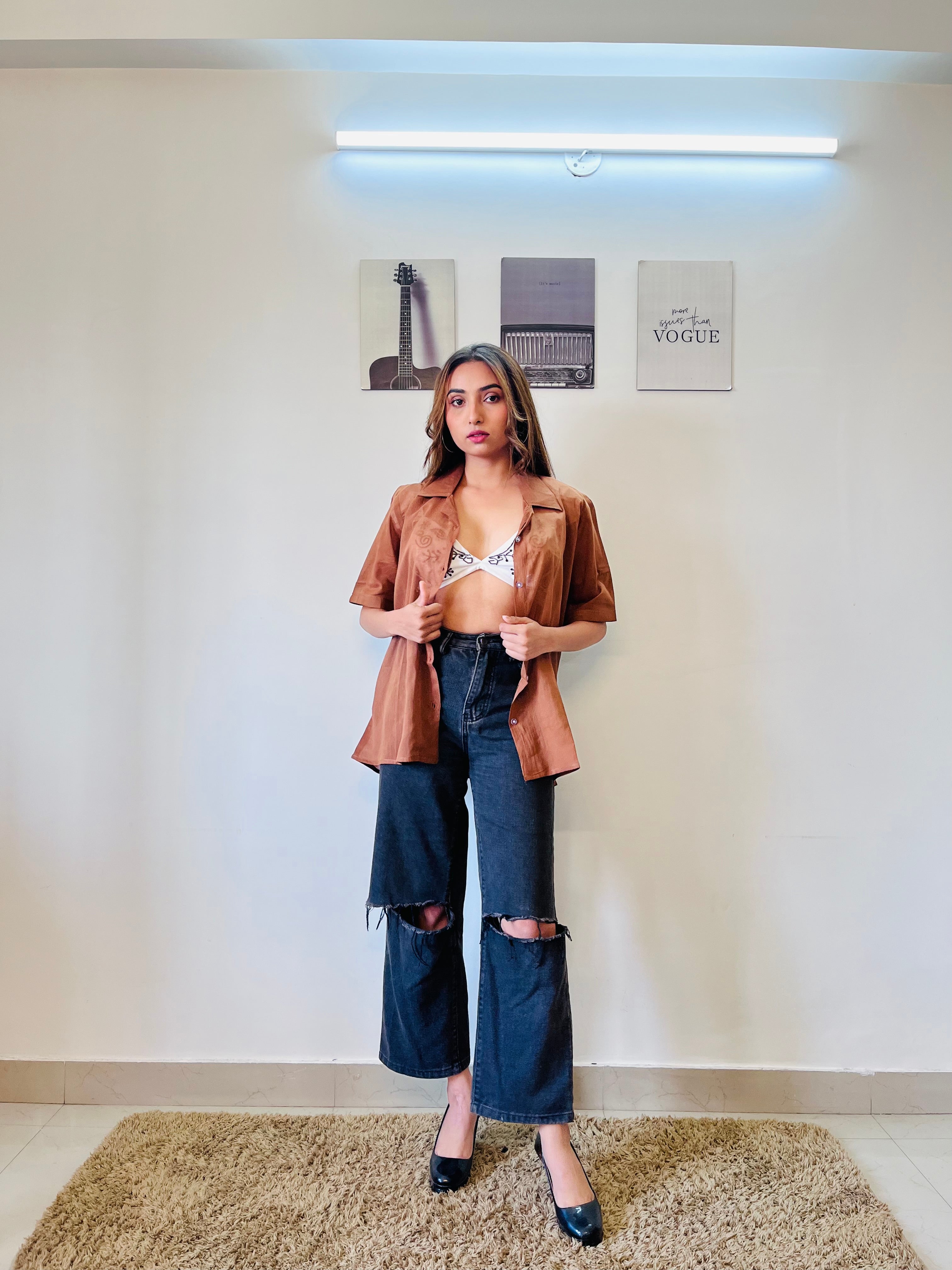Brown MulMul Fabric Shirt and White Handwork Bralette