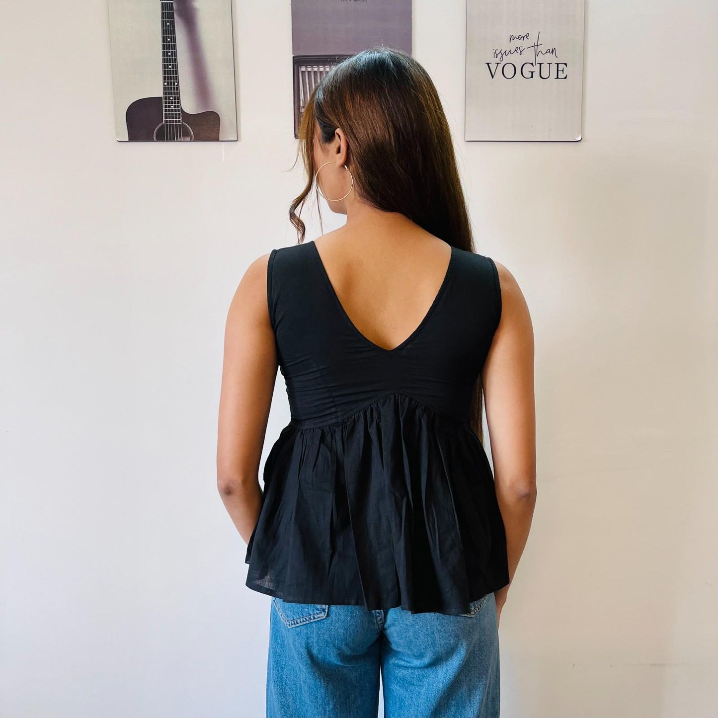 Black Zari Embroidery Depp Neck Cotton Top - KJ0425