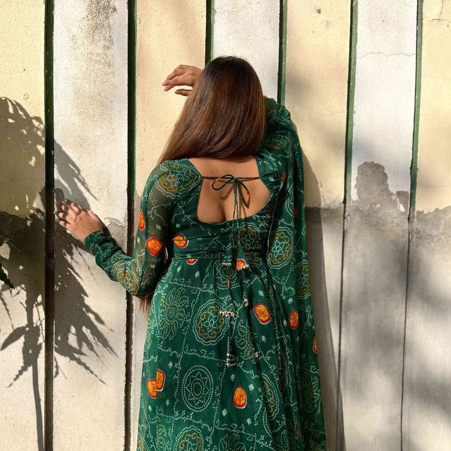 Bottle Green Bandhej Chiffon Suit Set - AT0330