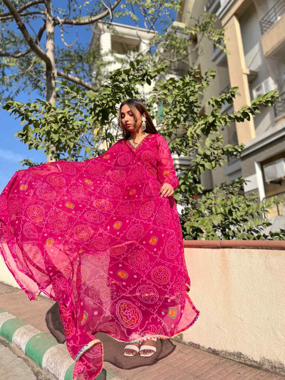 Pink Bandhej Mirror Chiffon Suit Set - AT0332