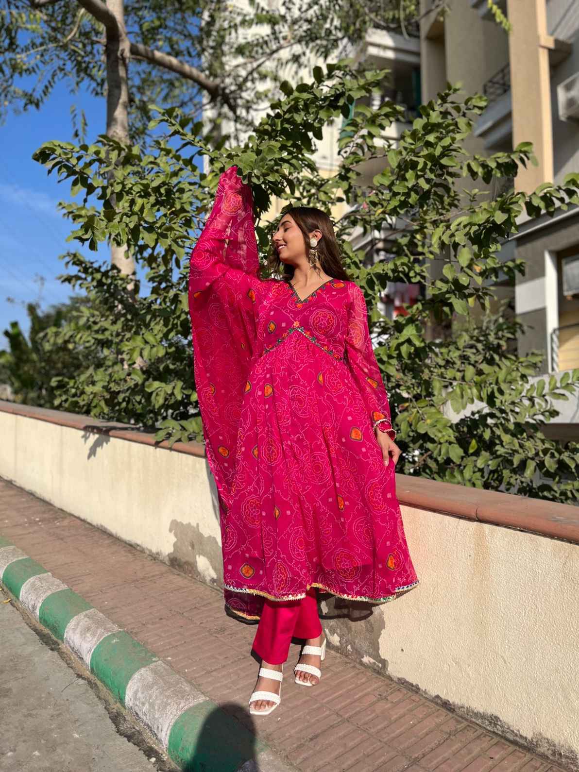 Pink Bandhej Mirror Chiffon Suit Set - AT0332