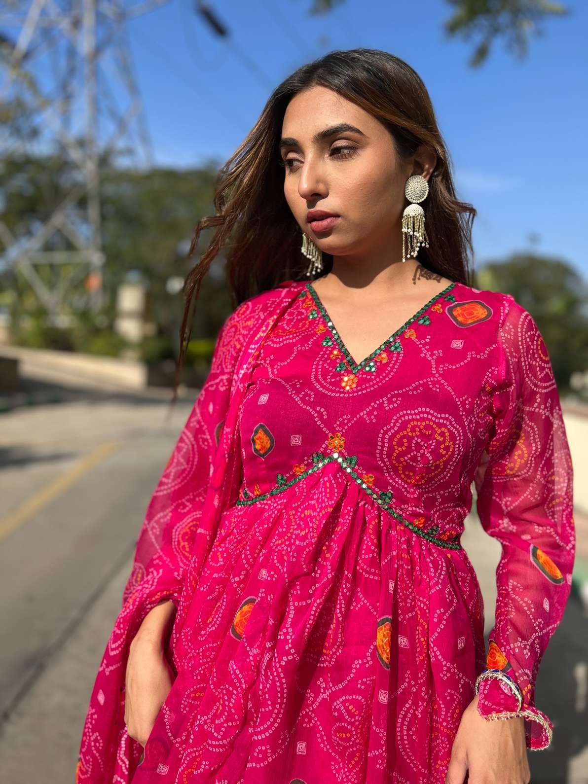 Pink Bandhej Mirror Chiffon Suit Set - AT0332