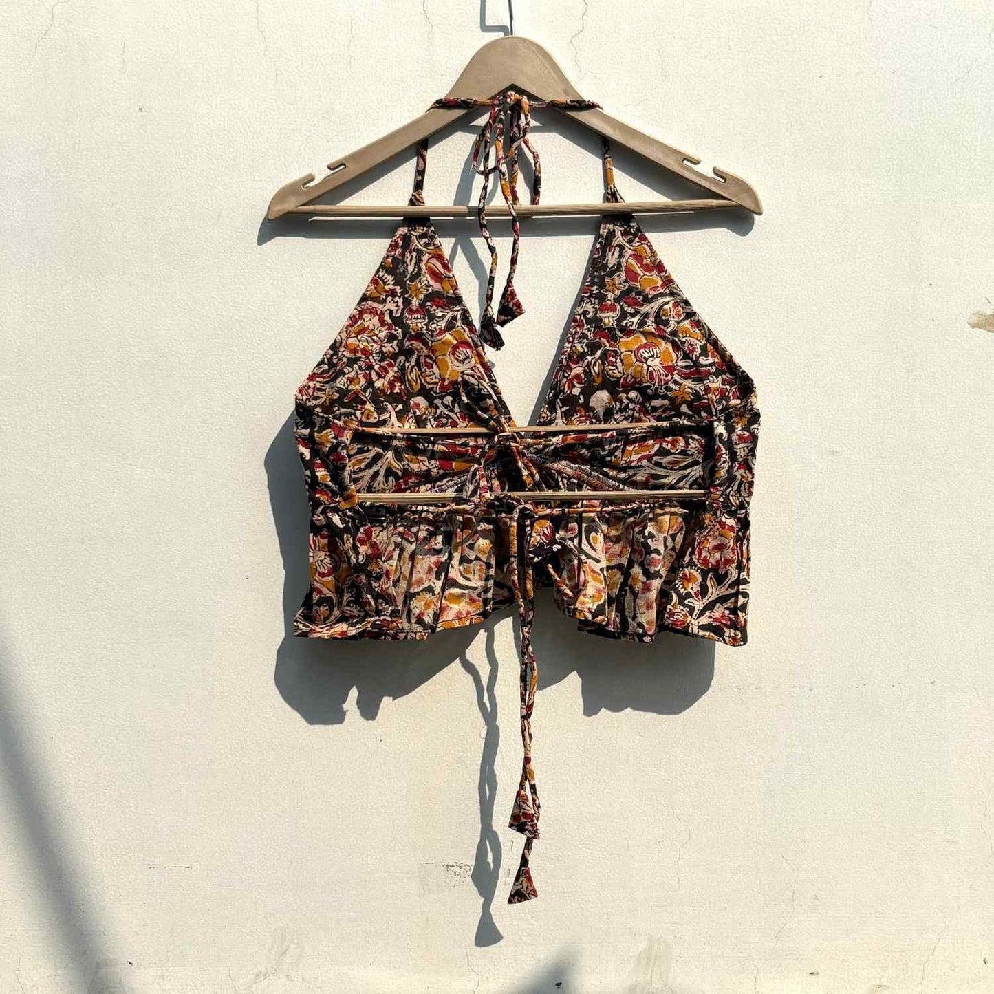 Black Kalamkari Halter Neck and Back Knot Cotton Top - KJ0793 (( Clearance Sale ))