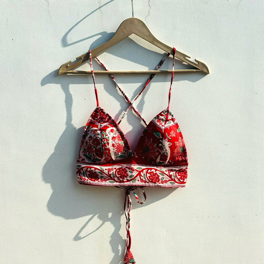 Red Big Floral Cotton Removable Pad Bra - KJ0817