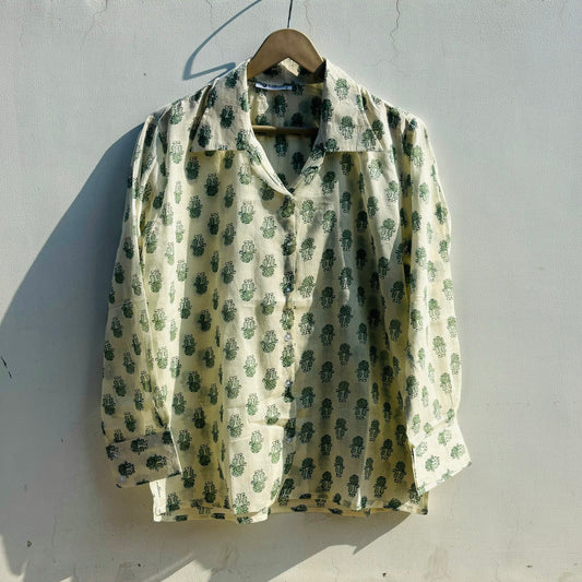 White Green Butti Mul Shirt - KJ0819